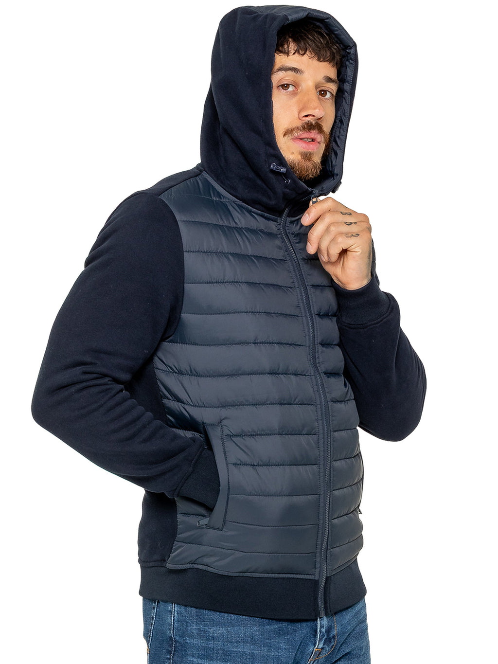 Enzo Milano | Mens Hooded Quilted Hybrid Jacket