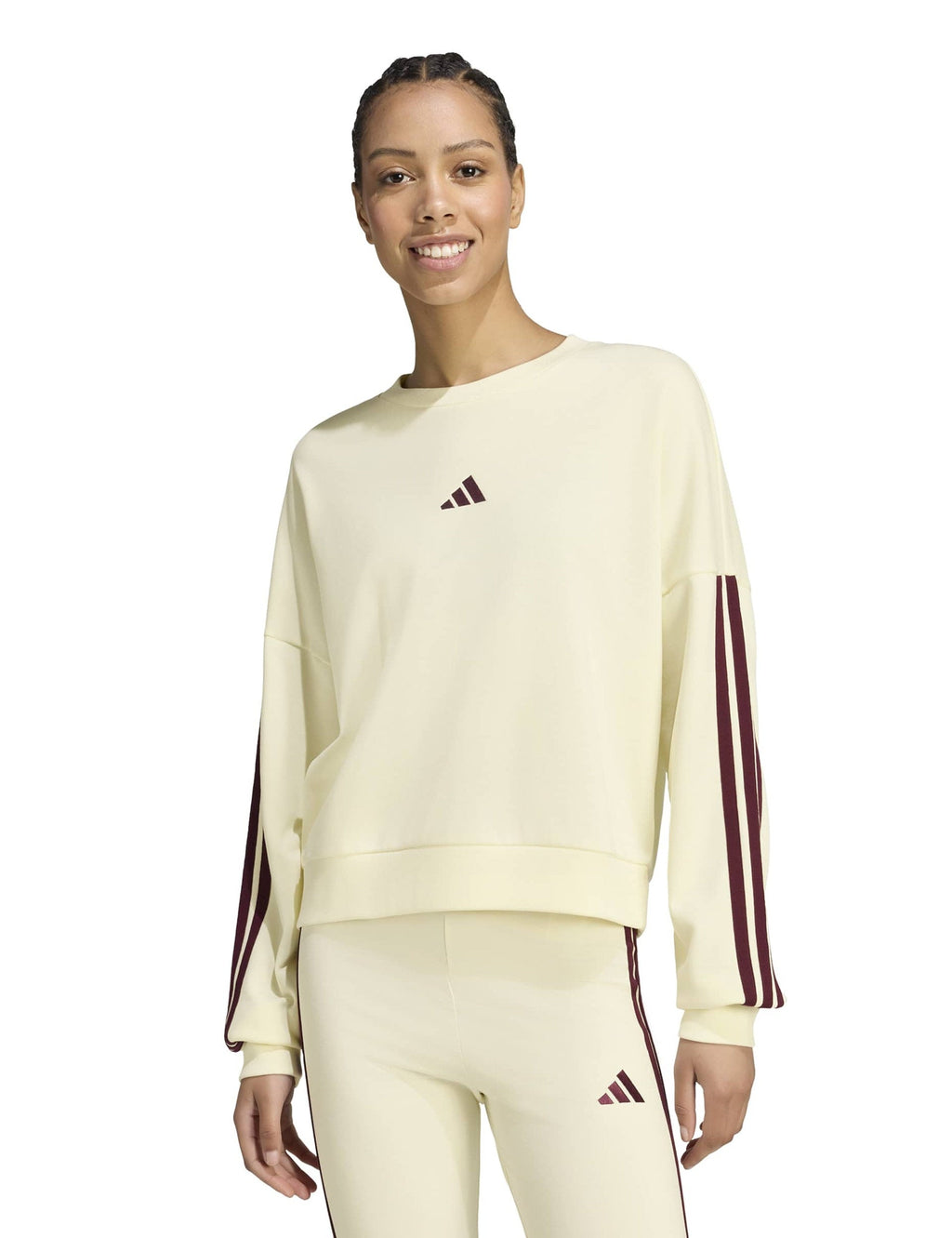 Essentials 3-Stripes French Terry Sweatshirt - Ivory/Maroon