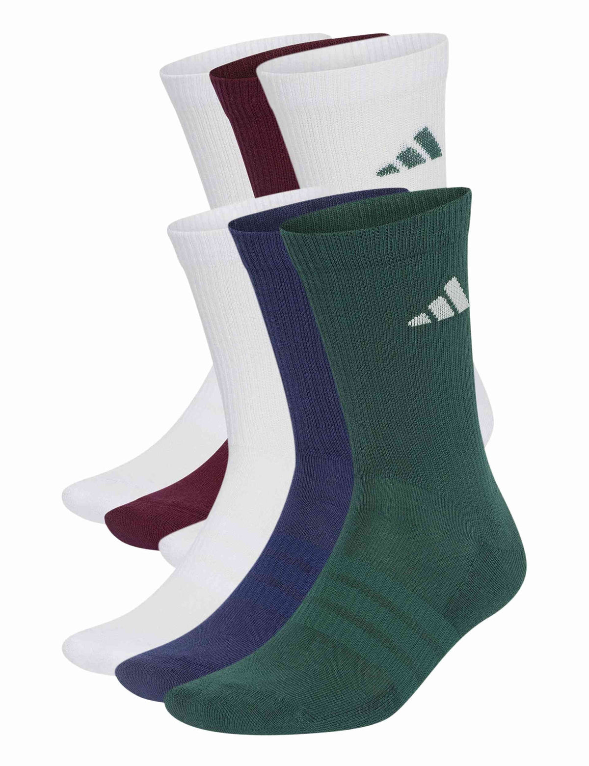 Cushioned Crew Socks 6 Pair Pack - White/Dark Blue/Maroon/Collegiate Green